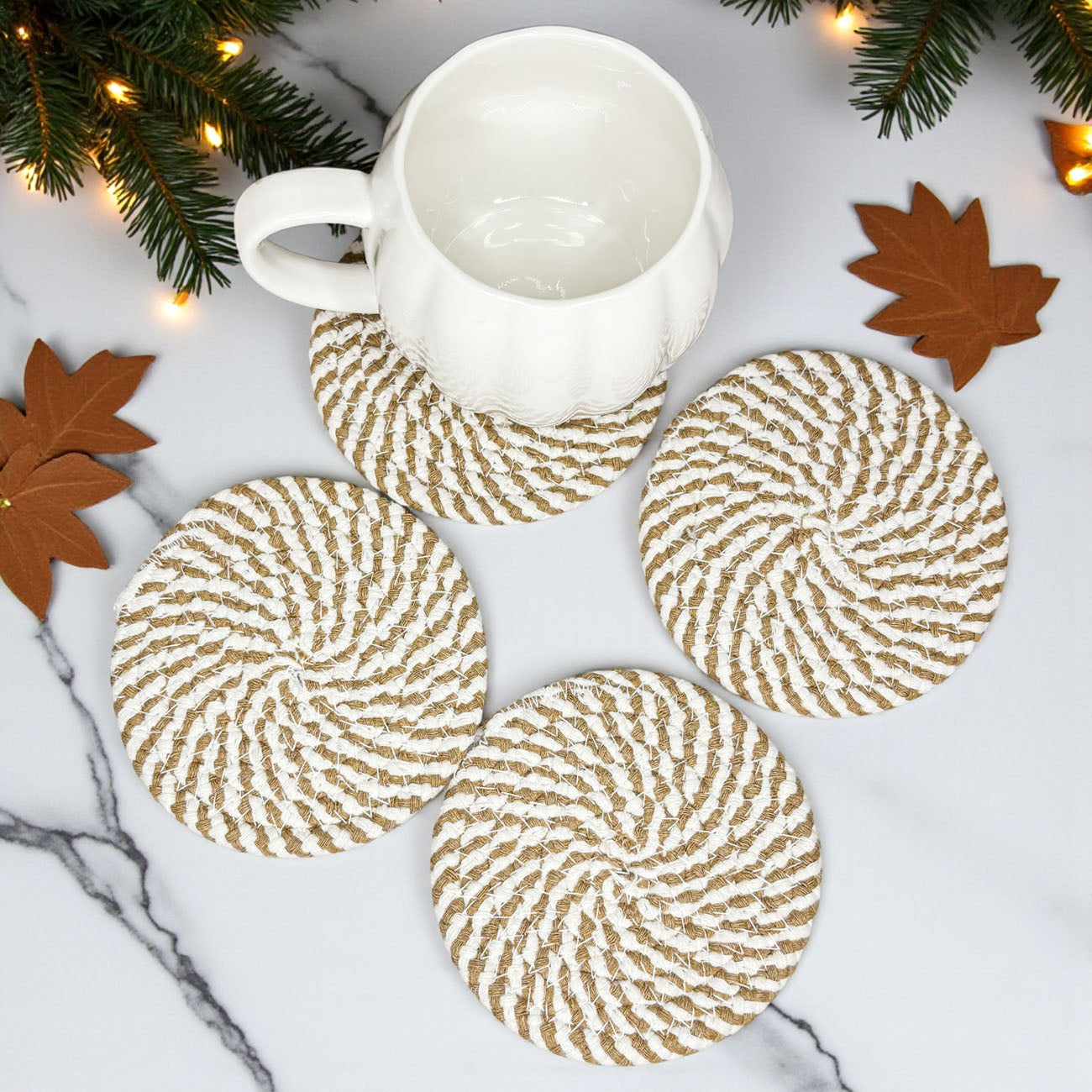 Set of four braided rope coasters fall colors gift ready
4 piece braided rope coaster set autumn gift neutral colors